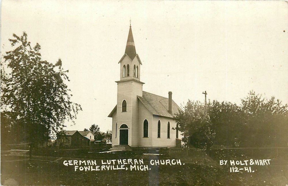 c1910 Fowlerville Michigan German Lutheran Church religion RPPC Postcard 26-546