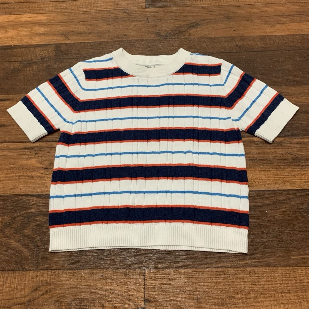 Forever 21 Short Sleeve Crew Neck Striped Ribbed Knit Crop Top Women’s Size L