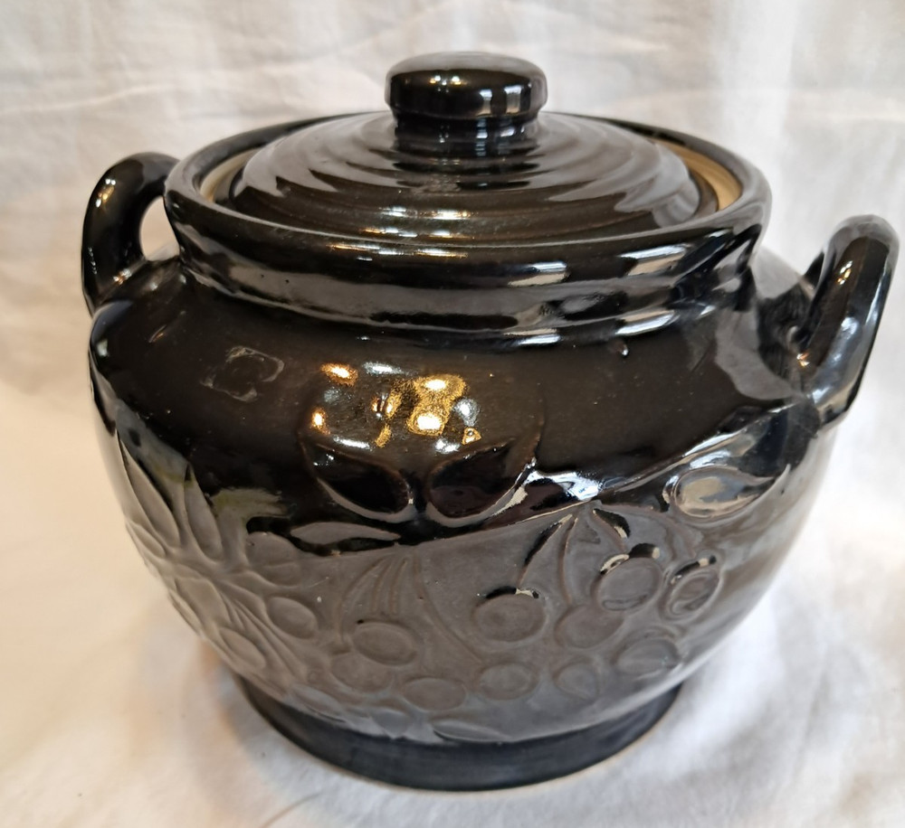 Vintage Pottery Bean Pot Cookie Jar Crock Glossy Black Stoneware Handles Lid
