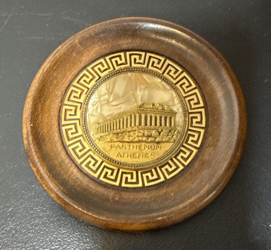 Vintage Parthenon Copper Wall Hanging Wooden Hand Made In Greece, 5.5in