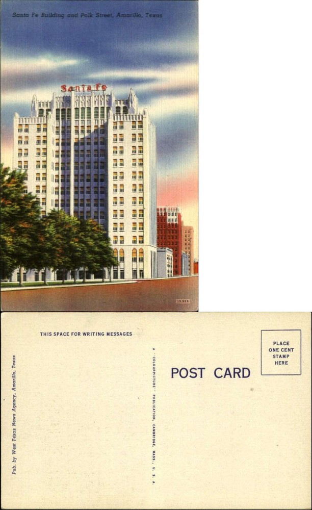 Santa Fe Building and Polk Street Amarillo Texas linen 1940s