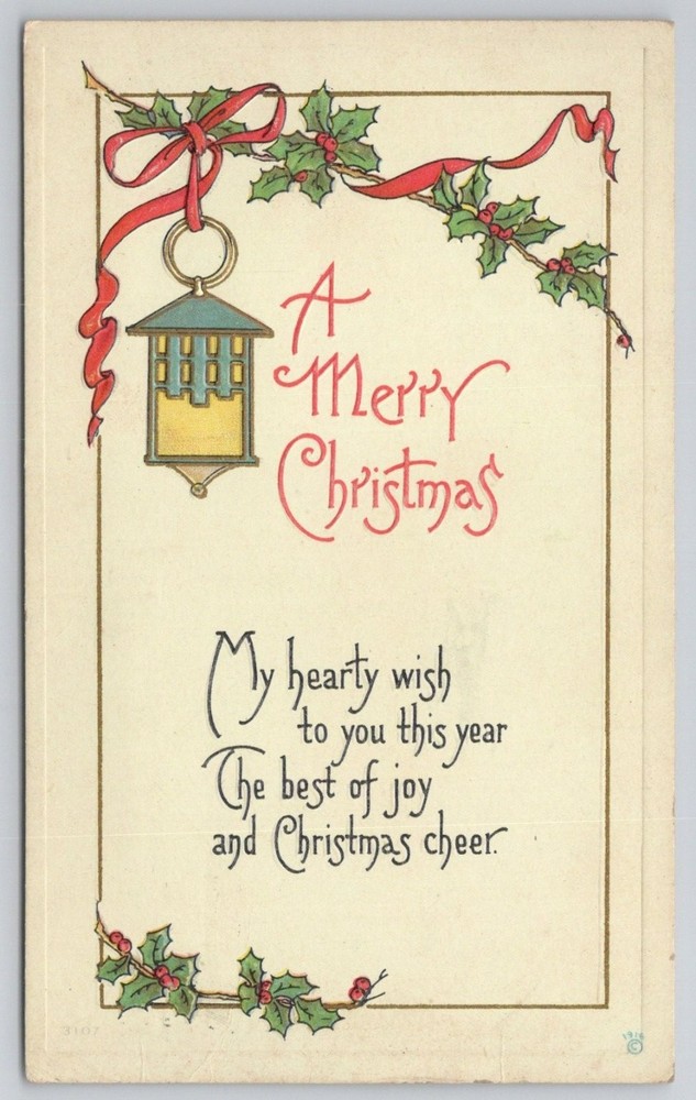 1916 Embossed Christmas Postcard - Holly, Lantern, Salisbury MD Postmark