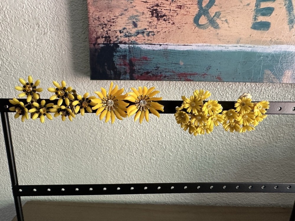 Vintage Clip On Plastic Flower Earrings Yellow Lot Of 3