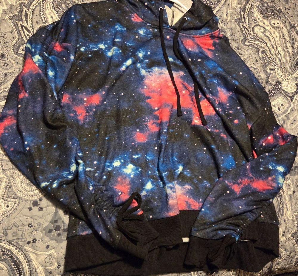 Hot Topic Galaxy Print Pullover Hoodie XXL Black Red Blue Polyester Cotton Blend