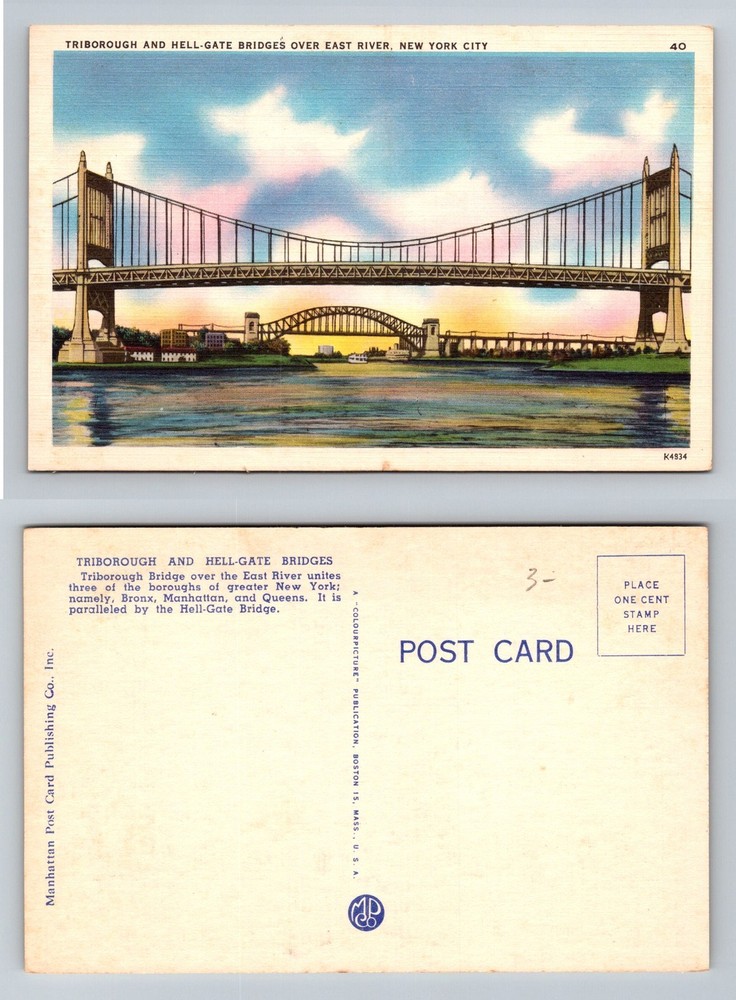 New York City NY, Triborough Hell Gate Bridges East River Vintage Postcard