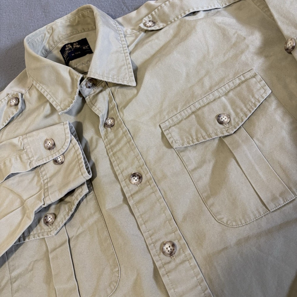 Willis Geiger Shirt Mens XL Khaki Safari Bush Poplin Canvas Epaulets Vintage 90s