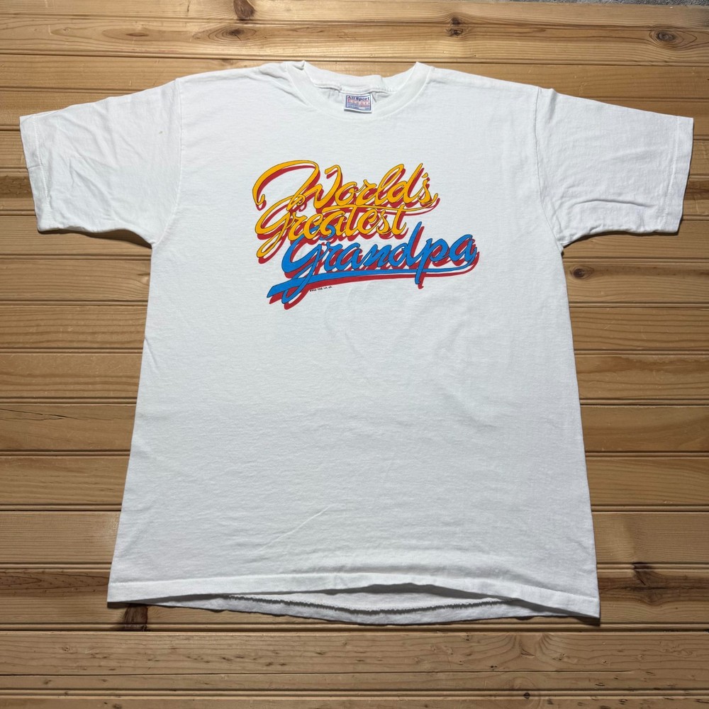 Vintage 90s Worlds Greatest Grandpa Old School Side Art Graphic T-Shirt - Large