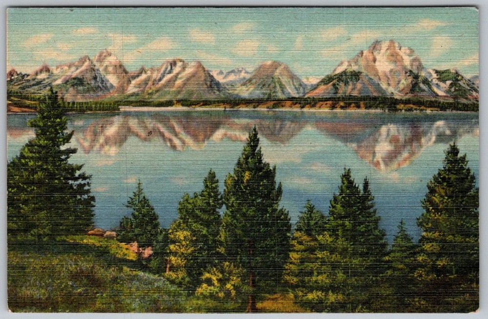 Vtg Linen Postcard Teton Peaks Grand Teton National Park, WY 1940s