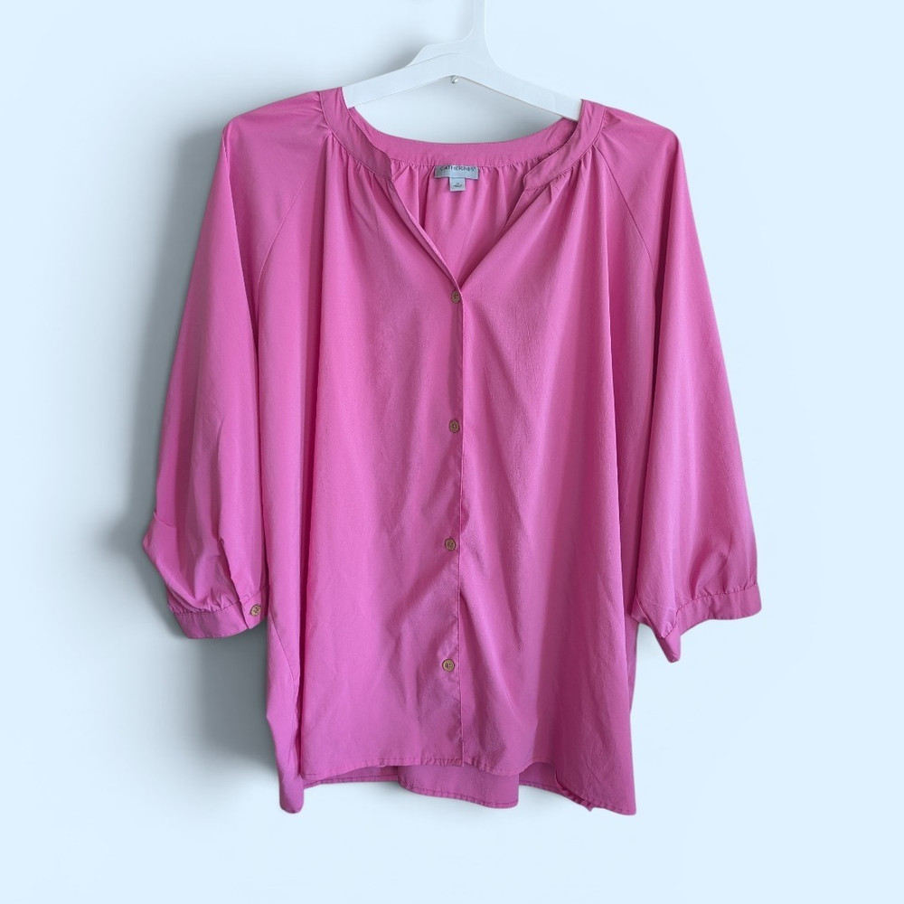 Catherines Pink Solid V-Neck 3/4 Sleeve Button Front Woven Blouse Plus 3X