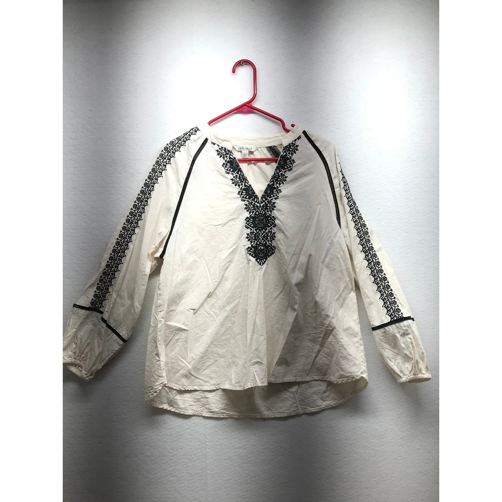 The Pioneer Woman Embroidered Tunic Top Cream Black V Neck Long Sleeve Women's L
