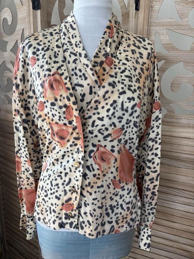 Escada Vintage Silk Blouse In Cream Black & Rose Print Fitted 36 West Germany