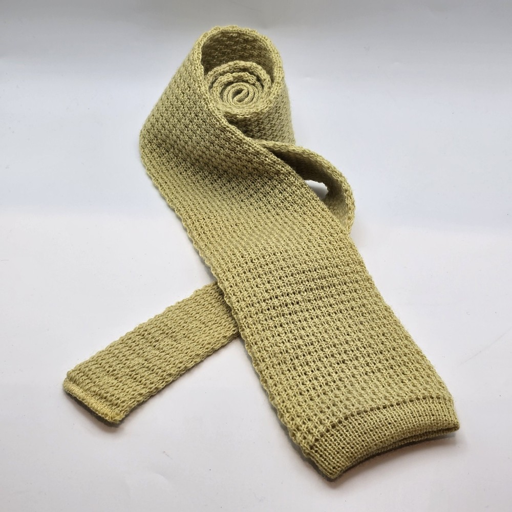 Vintage Lands End Knit Square Tie Mohair Wool Yellow USA Mens Necktie