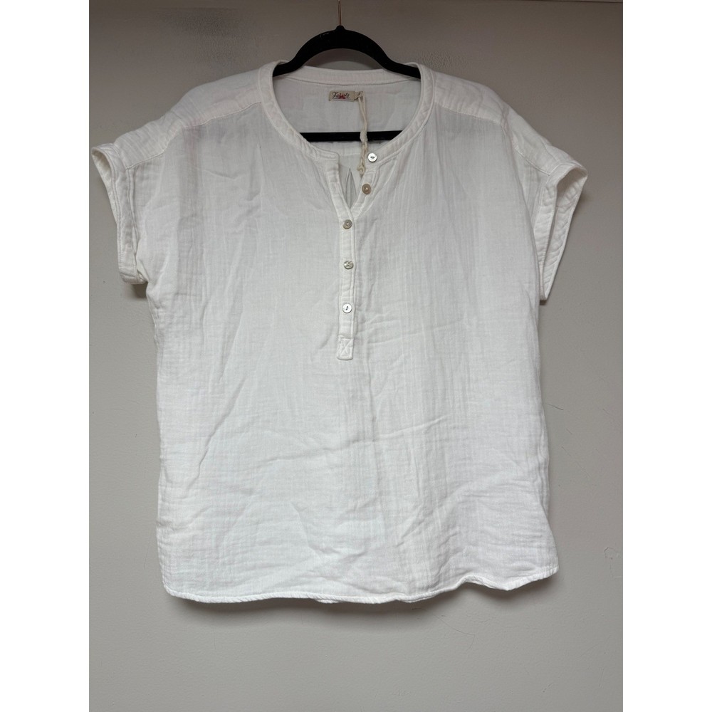Faherty Henley Top Women Large White Excellent Organic Cotton Double Gauze