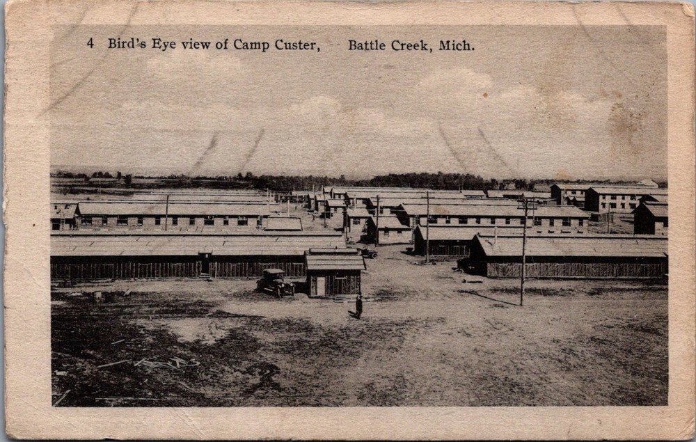 1917 WWI Camp Custer Battle Creek Michigan Barracks Bird's Eye View Postcard