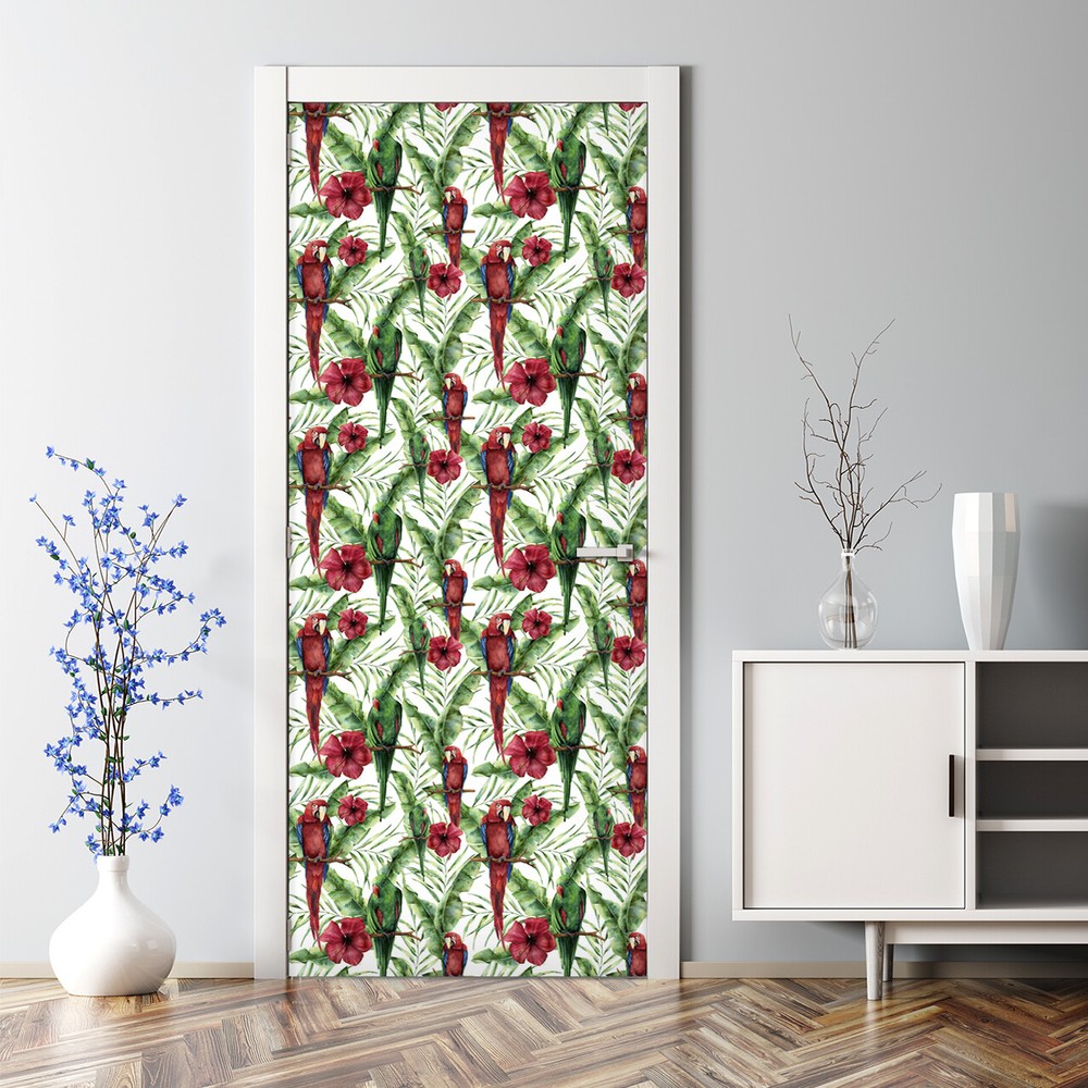Exotic parrot watercolor adhesive door sticker on tropical leaves
