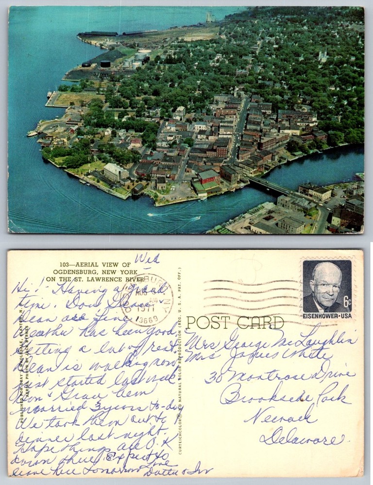 1971 Ogdensburg NY Aerial View St Lawrence River Curteichcolor Postcard