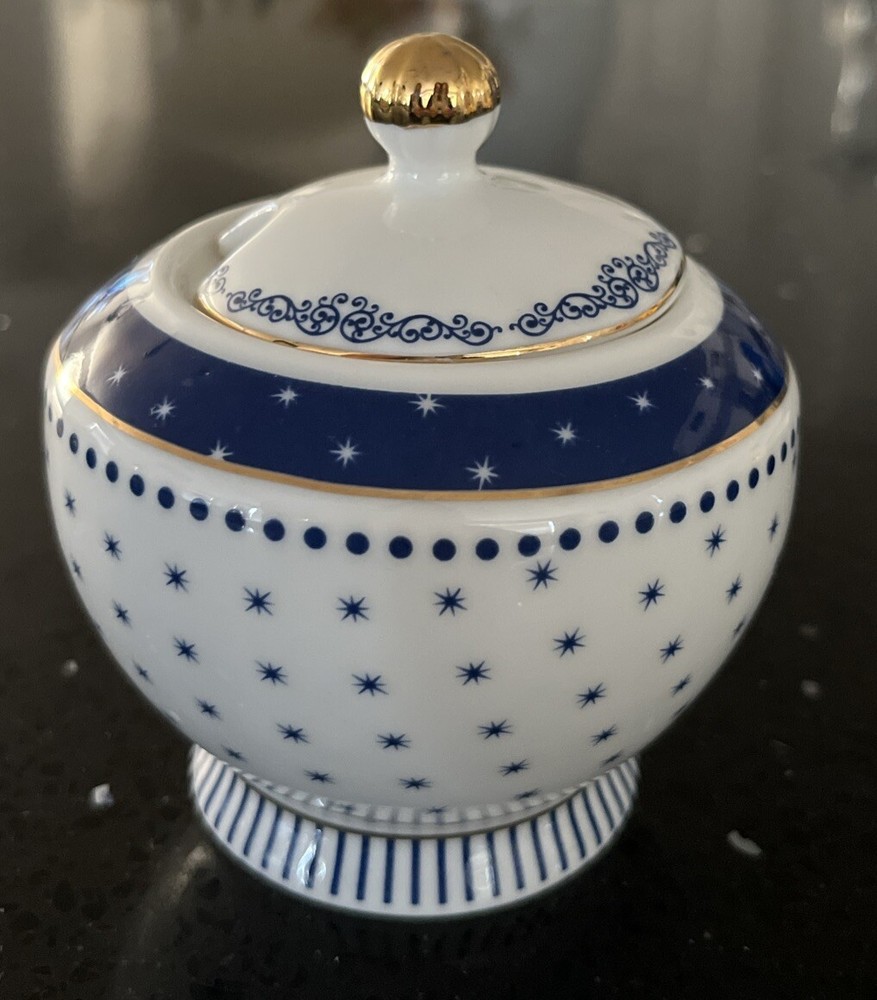 Grace's Teaware Sugar Bowl Blue White Stars Gold Accents Fancy Holidays