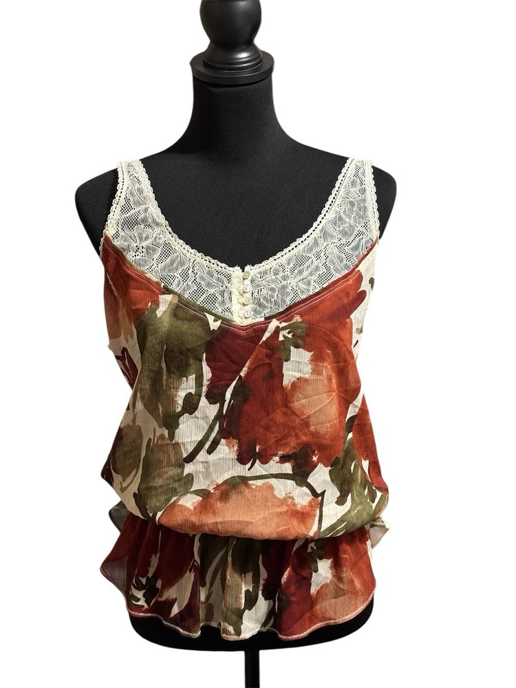 Abercrombie &Fitch Women’s L Floral Chiffon Lace Trim Peasant Boho Shirt
