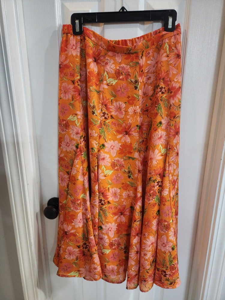 Coldwater Creek Pink Orange Floral Chiffon Skirt Pleated Piping Boho Lined, PM