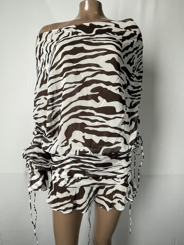 Arakii Womens Mini Dress White/Brown Size S Zebra Print Sheer Silk Long Sleeve