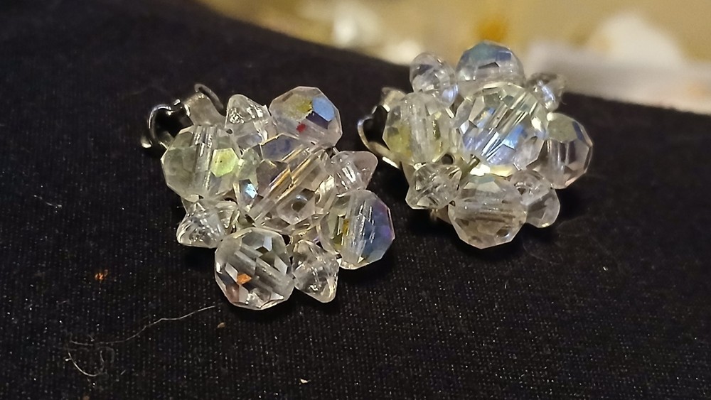 Vintage Clip On Earrings Prong Set Aurora Borealis Cluster Rhinestones