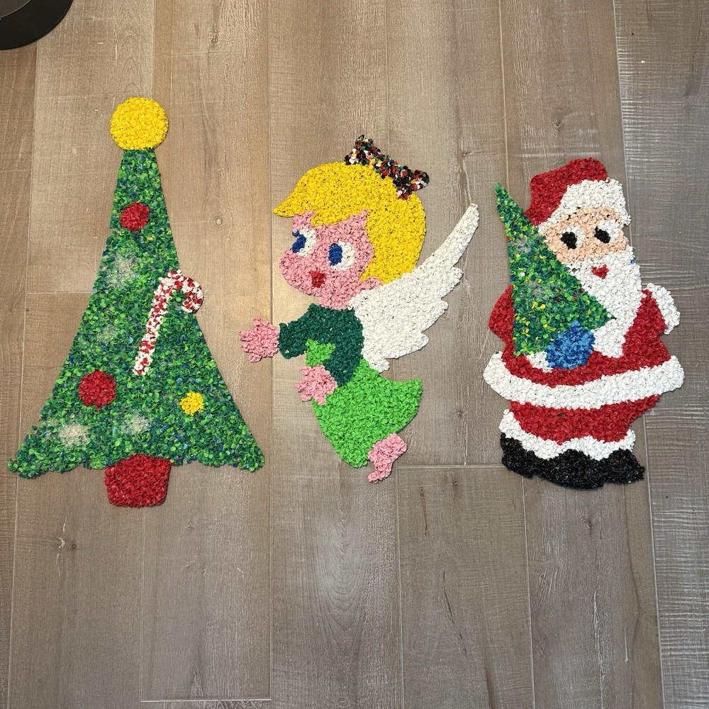 Vintage Melted Popcorn Plastic Christmas Decor Lot Santa Angel Tree 24”