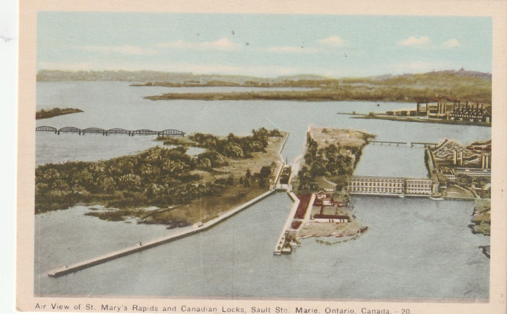 Sault Ste Marie- Ontario, Aerial St Mary's Rapids, Antique, Vintage Postcard