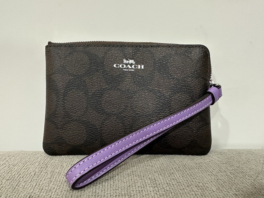 Coach Corner Zip Wristlet Wallet Signature Canvas Purple