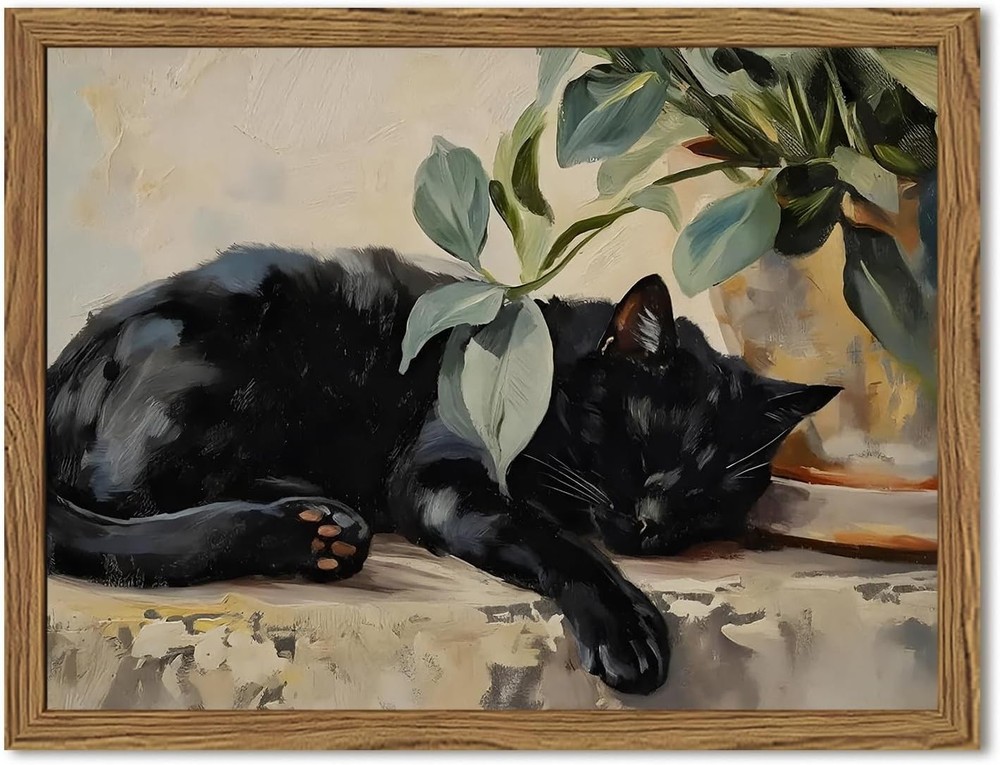Framed Black Cat Canvas Wall Art, Vintage Sleeping Cat with Plant Picture Wall D