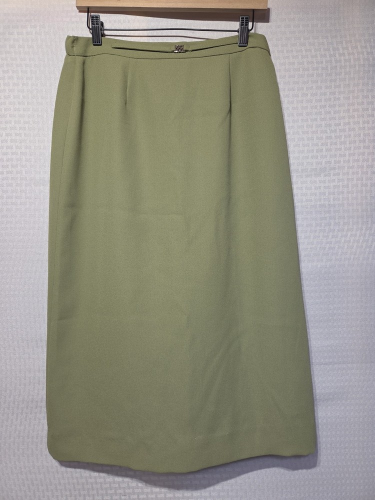Karen Scott Women’s Size 10 Olive Green Lined Midi Skirt Polyester Back Vent...