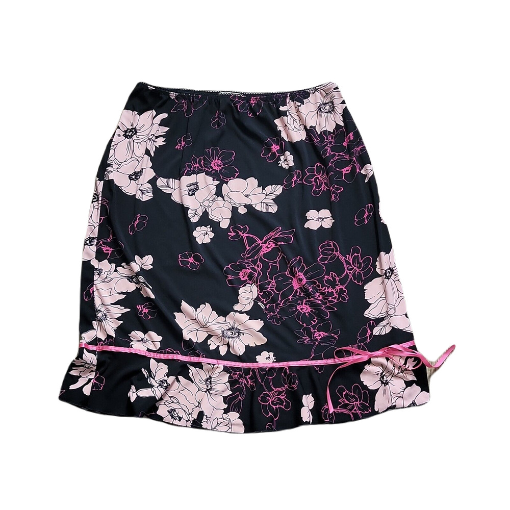 LunaChix Pull On Classy Floral Black Skirt ~ Sz L ~ Knee Length