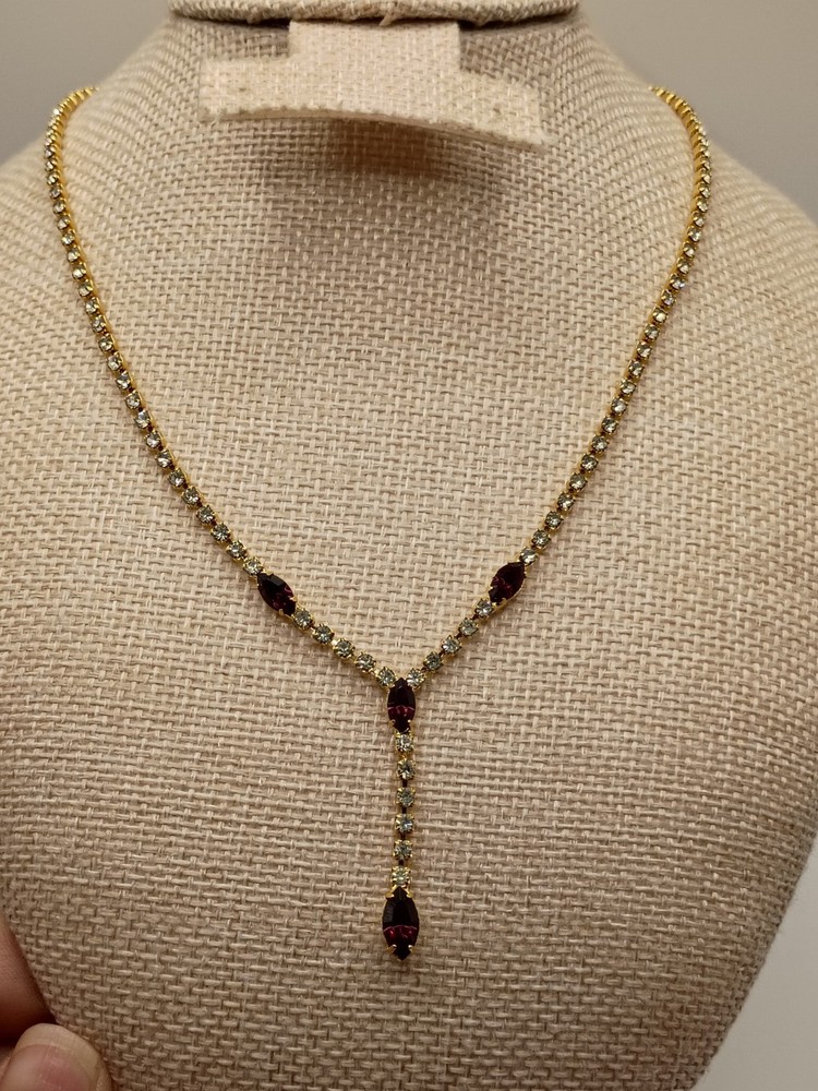 Vintage Purple Rhinestone Necklace Gold Tone Dainty Y Drop Bridal Prom 15