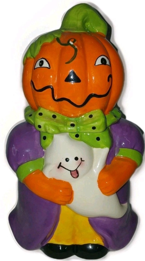 Vintage Halloween Pumpkin & Ghost Cookie Jar Jack O Lantern Ceramic Decor