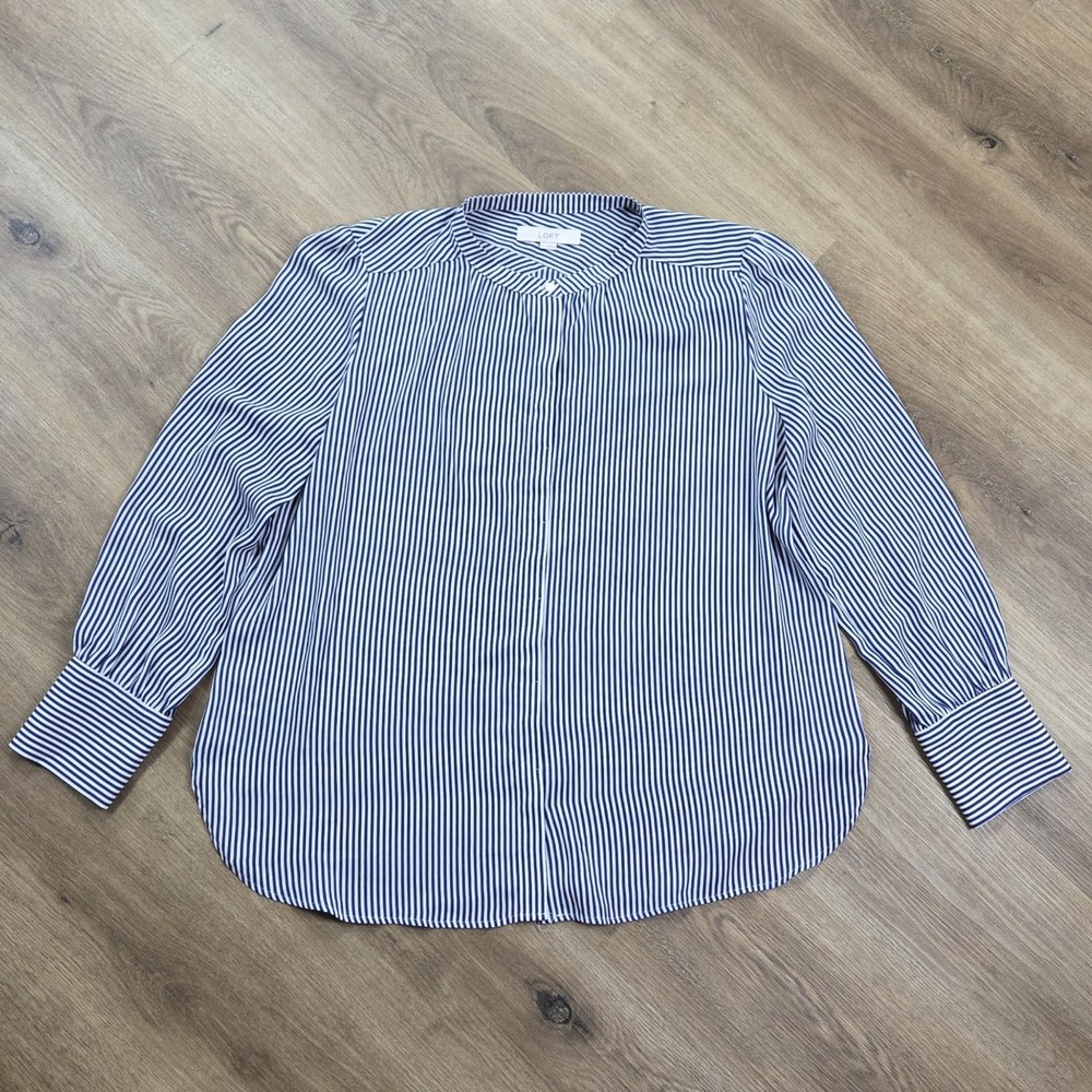 Loft Blue White Stripe Button Blouse Womens XL Preppy Career
