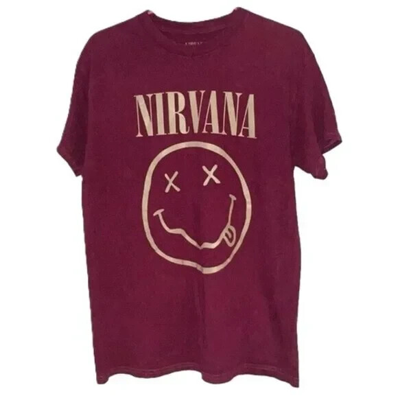 Nirvana Smiley Face Band Acid Wash Berry Graphic T-Shirt - Size Medium NWOT-image