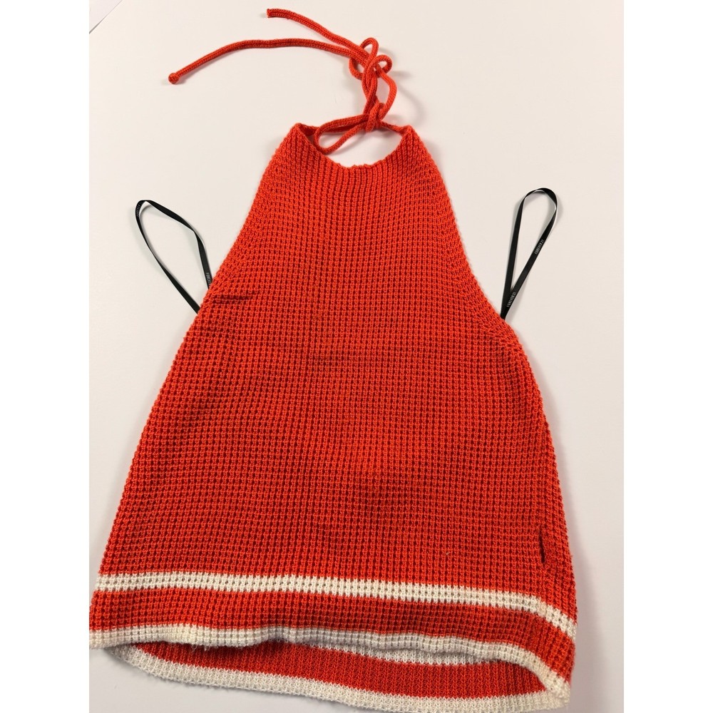 Forever 21 Orange Crochet Knit Halter Top White Striped Hem Open Back Small Tank