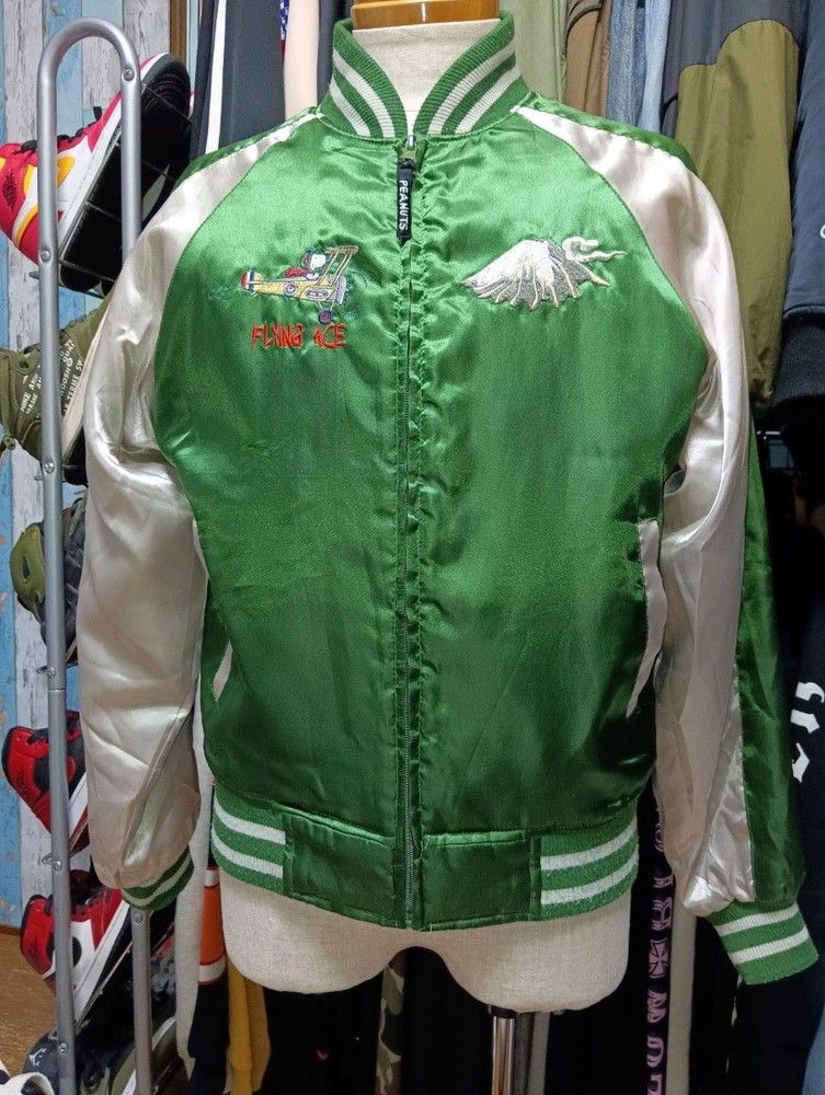 Snoopy Flying Ace Sukajan Jacket Green Mt. Fuji Embroidered Vintage Used