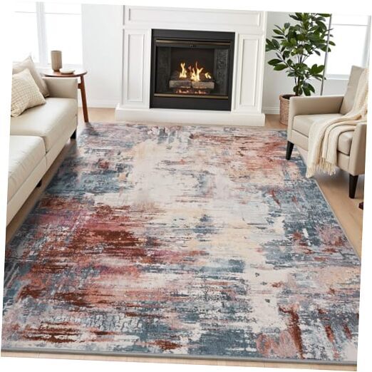 Abstract Red Grey Beige 8x10 Washable Area Rug for Living Room-image