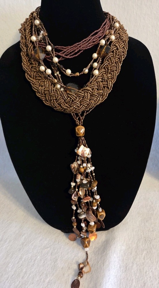 Vintage BOHO Glass Seed Bead Necklace Lot Brown Cream Bohemian Multi-strand Long