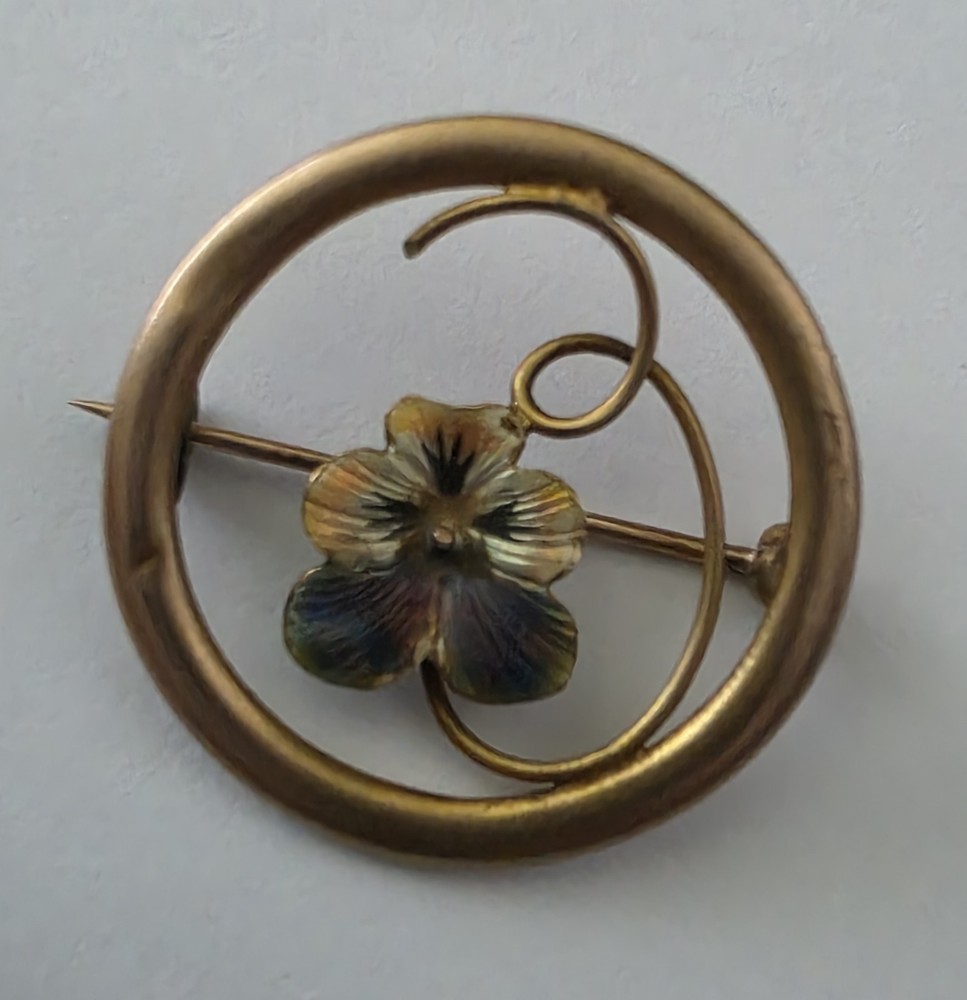 Antique Nouveau Victorian  14K gold and purple enameled pansey brooch - 1