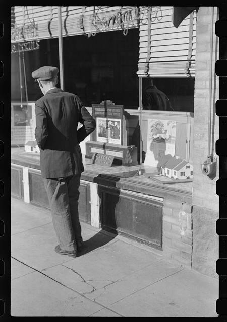 Photo:1930s Man Window Shopping Storefront Display Black and White Photo