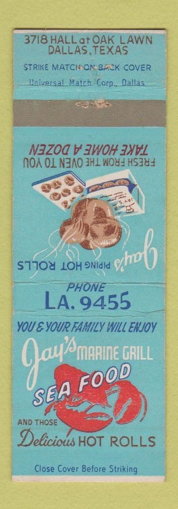 Matchbook Cover - Jay's Marine Grill Dallas TX lobster