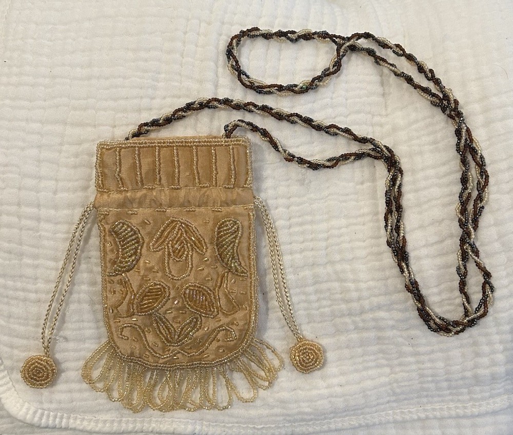 Vintage Beaded Potli Evening Bag With Drawstring Closure and Floral Embroidery