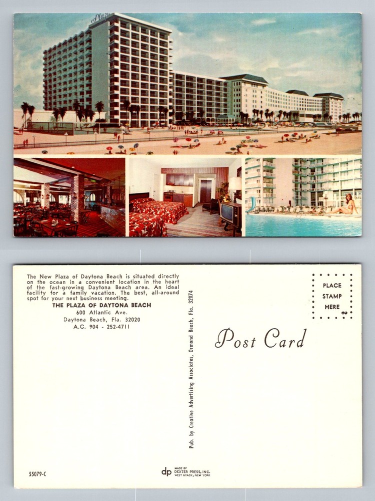 Daytona Beach, FL-Florida, Plaza Hotel Oceanfront Rooms Pool Vintage Postcard
