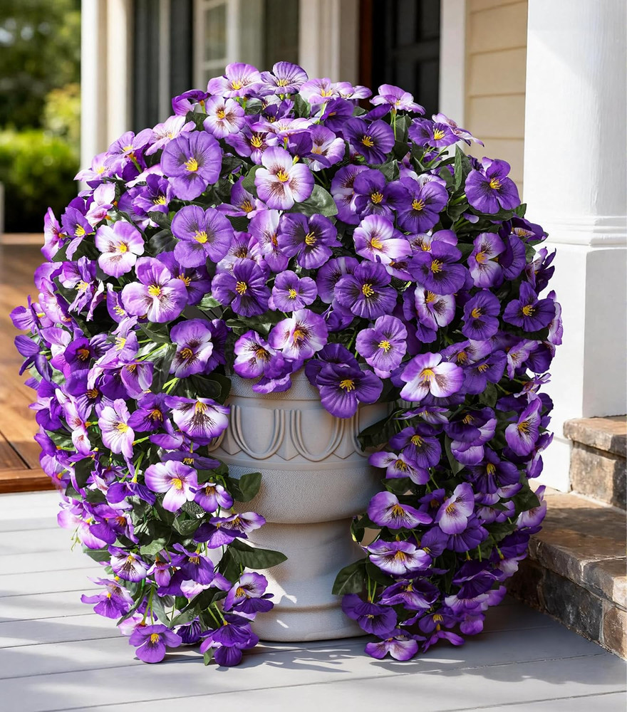 Artificial Flowers for Outdoors, 2Pcs Faux Silk Pansies Flowers UV Resistant Fak