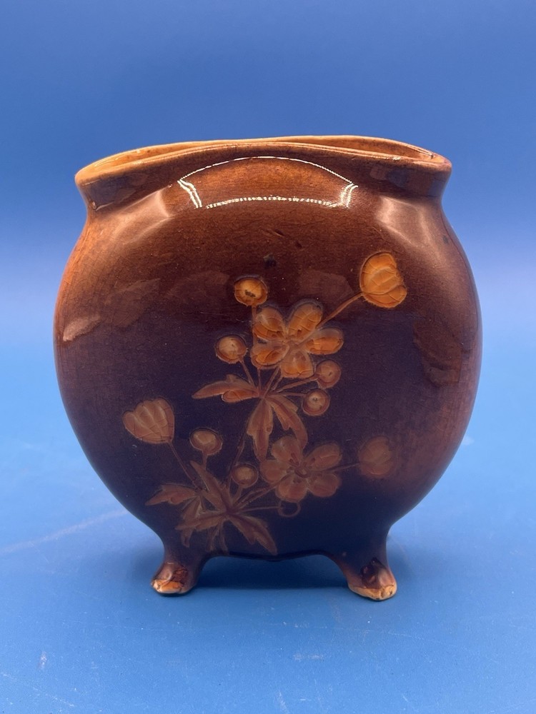 1881-85 Rookwood Pottery Vase Glaze Hand Incised Floral 4 Footed Antique Marked
