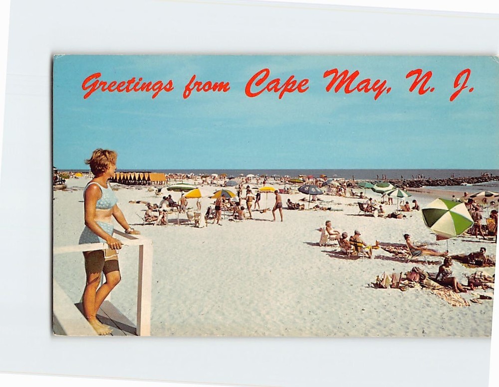 Postcard Beach Scene Looking East Greetings from Cape May New Jersey USA