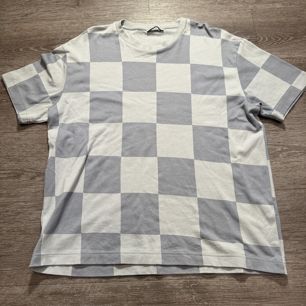 Zara Shirt Mens Large Gray Checkered Short Sleeve Tee Crew Neck Lounge Minimal