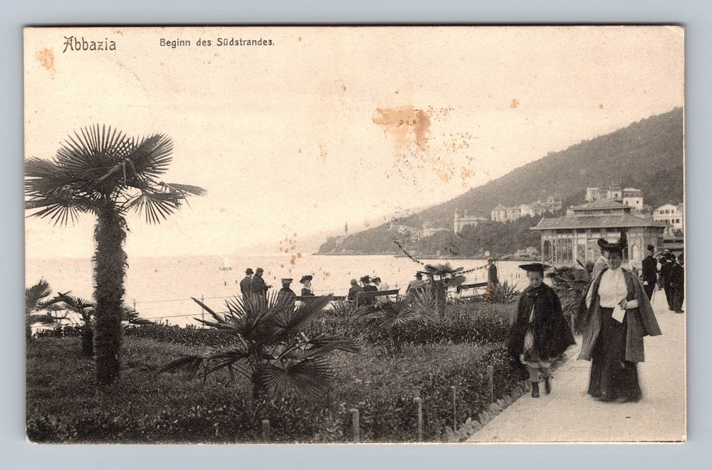 Croatia- Abbazia Kvarner Bay South Beach Promanade Old Postal Vintage Postcard