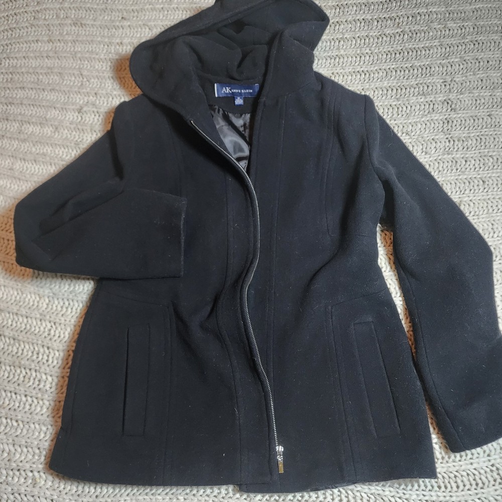 Anne Klein Women's Black Coat Hooded Wool Blend Size M Winter Zip Up Outdoor